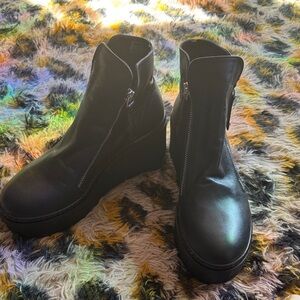 Women's Black Leather Platform Ankle Boots